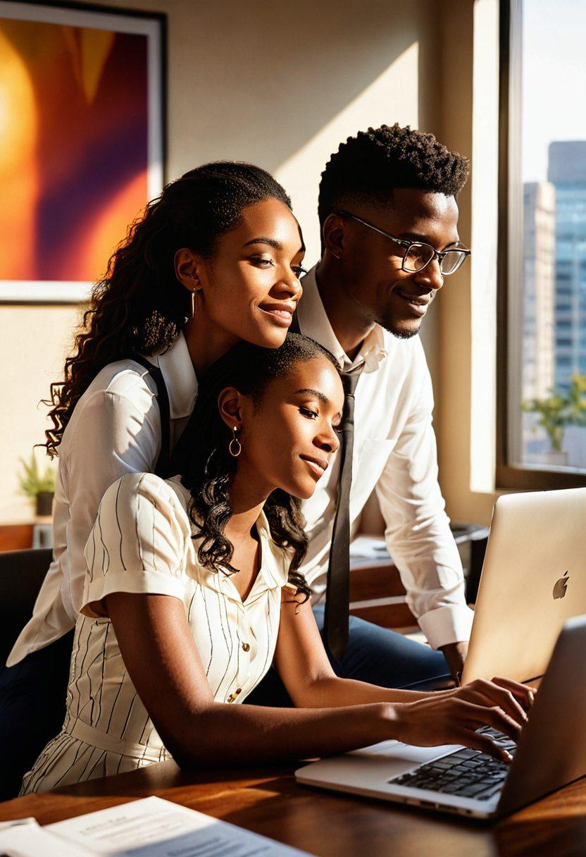 A split scene showcasing a couple sharing a tender moment on one side, with soft light illuminating their faces, while the other side depicts an office environment filled with inspiring career elements, such as laptops, charts, and a motivational poster about love and success. Blending both sides seamlessly, create a warm and inviting atmosphere that represents the balance between love and career. vibrant colors. super-realistic. warm lighting.