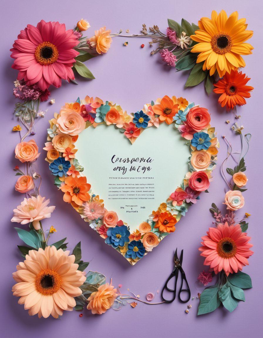 A whimsical collage of a heart intertwined with a resume, illustrating love and ambition, surrounded by colorful elements like blooming flowers, office tools, and soft glowing lights. The heart should have a texture of paper and the resume should be partially filled with creative job experiences and romantic ambitions. The background features a soft blend of pastel colors to evoke warmth and inspiration. vibrant colors. vector art. whimsical style.