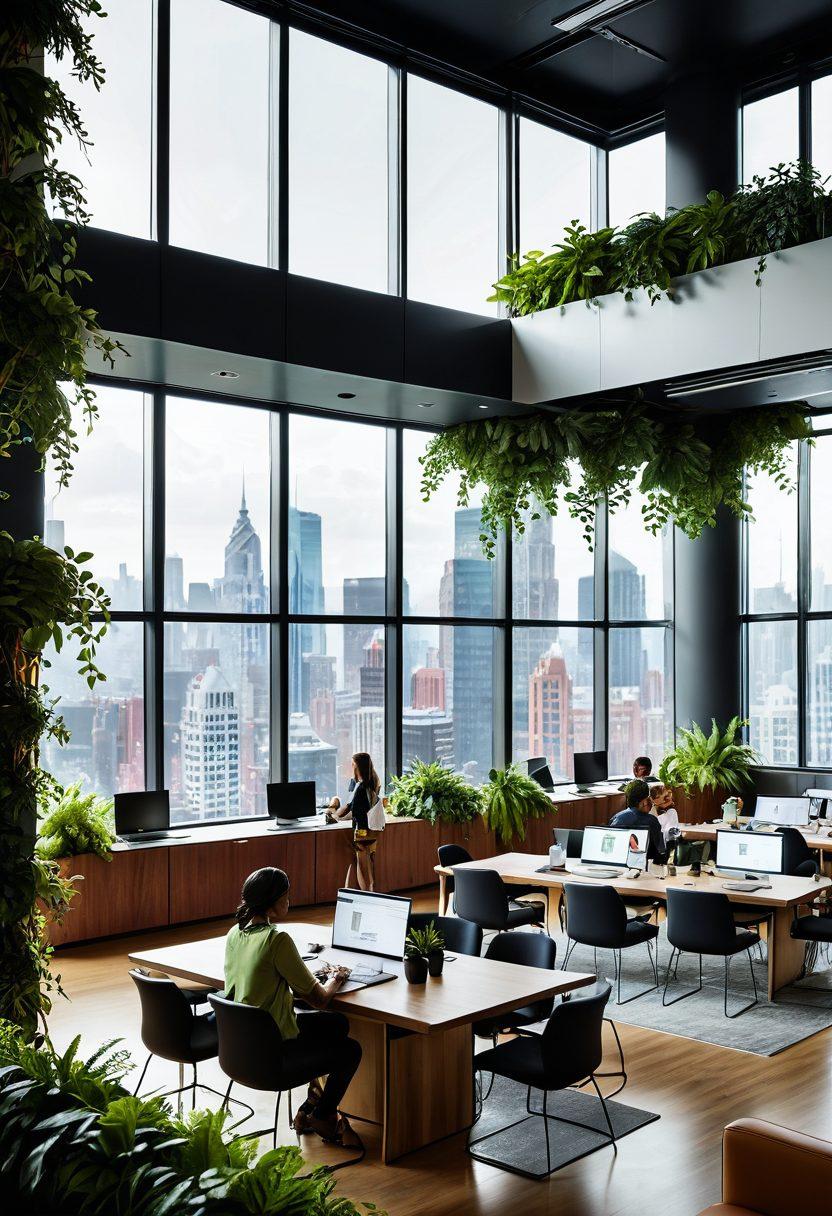 A professional networking scene featuring diverse individuals engaging in conversations at a modern office space, with elements symbolizing growth such as plants and open laptops. Add a backdrop of city skyline through large windows to represent career opportunities. Use warm, inviting colors to convey connection and positivity. super-realistic. vibrant colors. 3D.